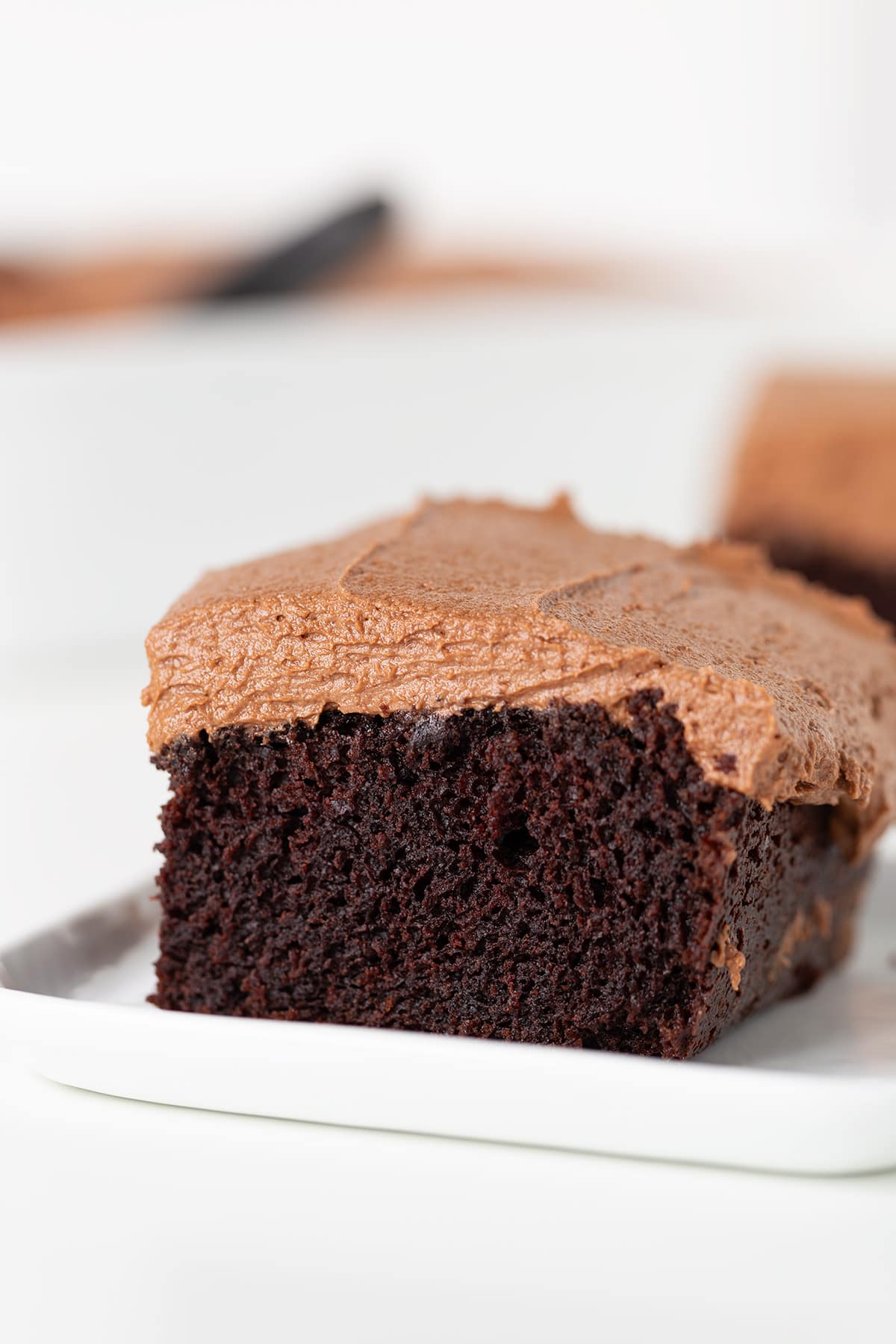 A slice of chocolate stout cake on a white plate.