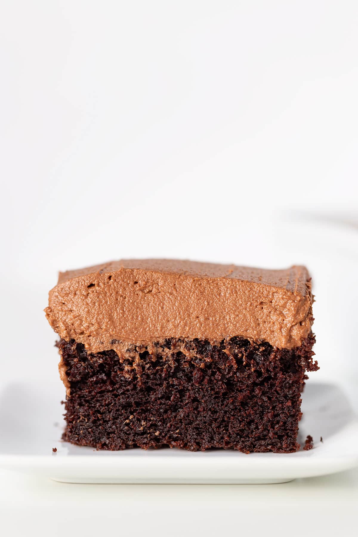 A slice of chocolate stout cake on a white plate.