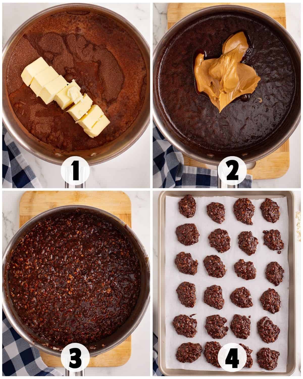 Four-step process for Chocolate No-Bake Cookies: melt butter in chocolate mix, add peanut butter, mix ingredients, then place spoonfuls onto a parchment-lined baking sheet.
