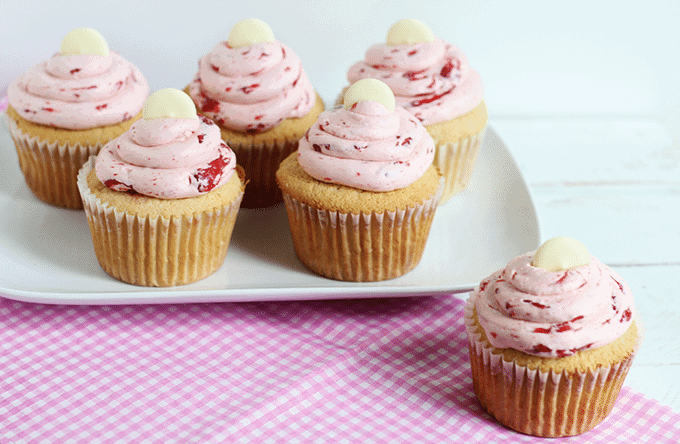 White Chocolate Cupcakes with Strawberry Swiss Buttercream