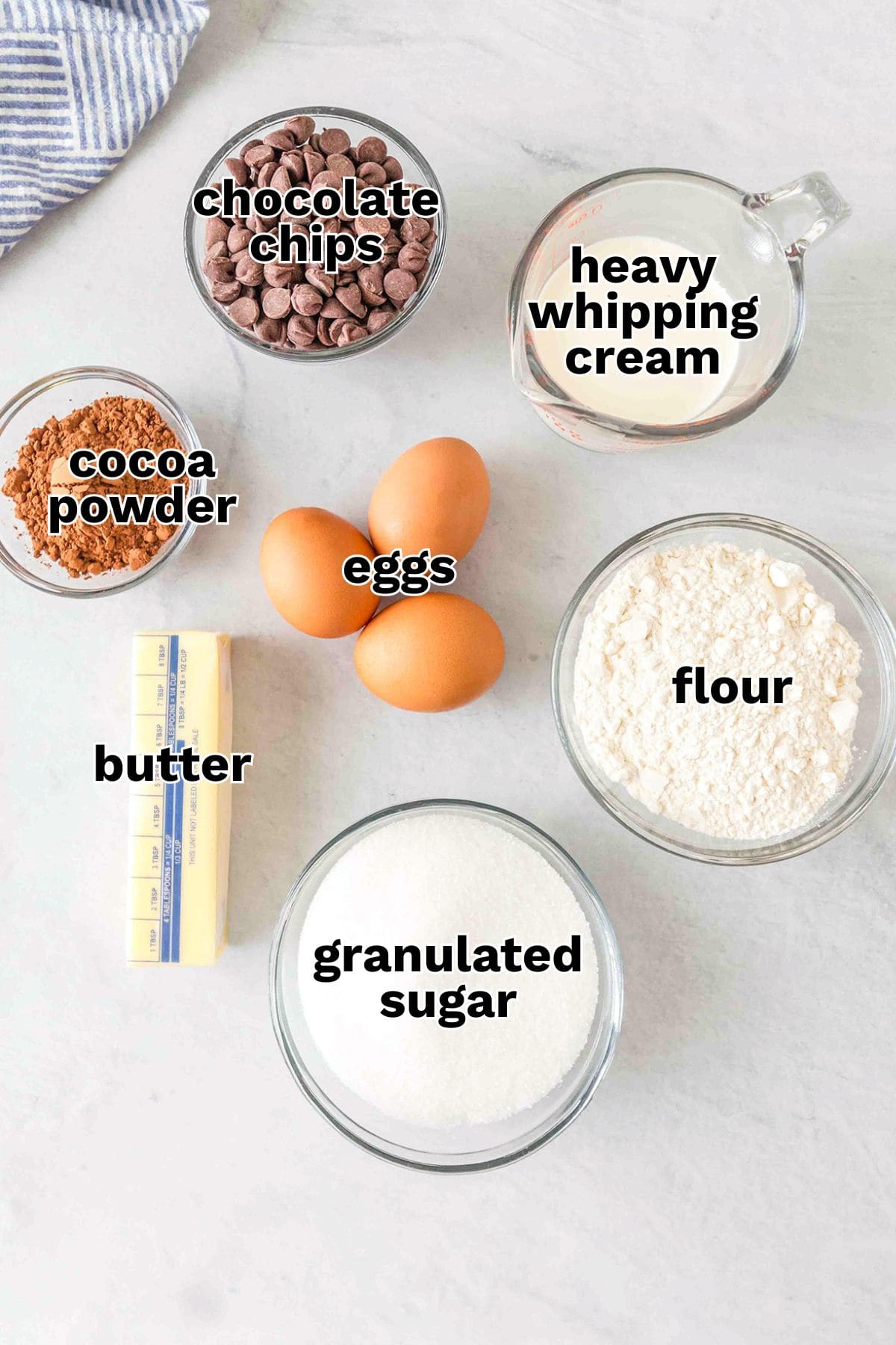 Six labeled ingredients for Chocolate Lava Cake&mdash;chocolate chips, heavy whipping cream, cocoa powder, eggs, butter, flour, and granulated sugar&mdash;are arranged on a white surface.