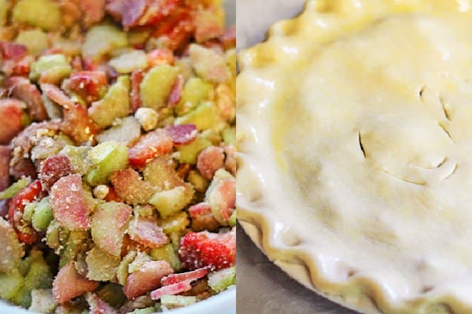 Collage showing the filling for the strawberry rhubarb pie and then the pie with the crust on it before baked
