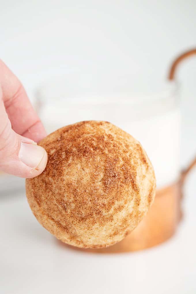 holding a snickerdoodle cookie in front of a glass of milk