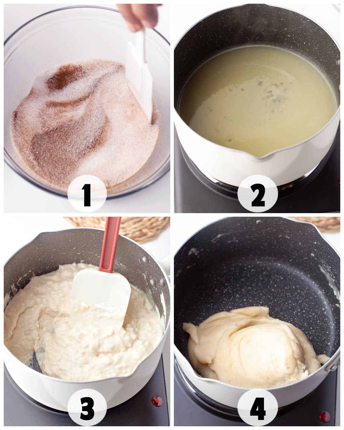 Step-by-step process of mixing dry ingredients, heating liquid, and combining to form a churros dough, then cooking in a saucepan until a smooth dough ball forms.