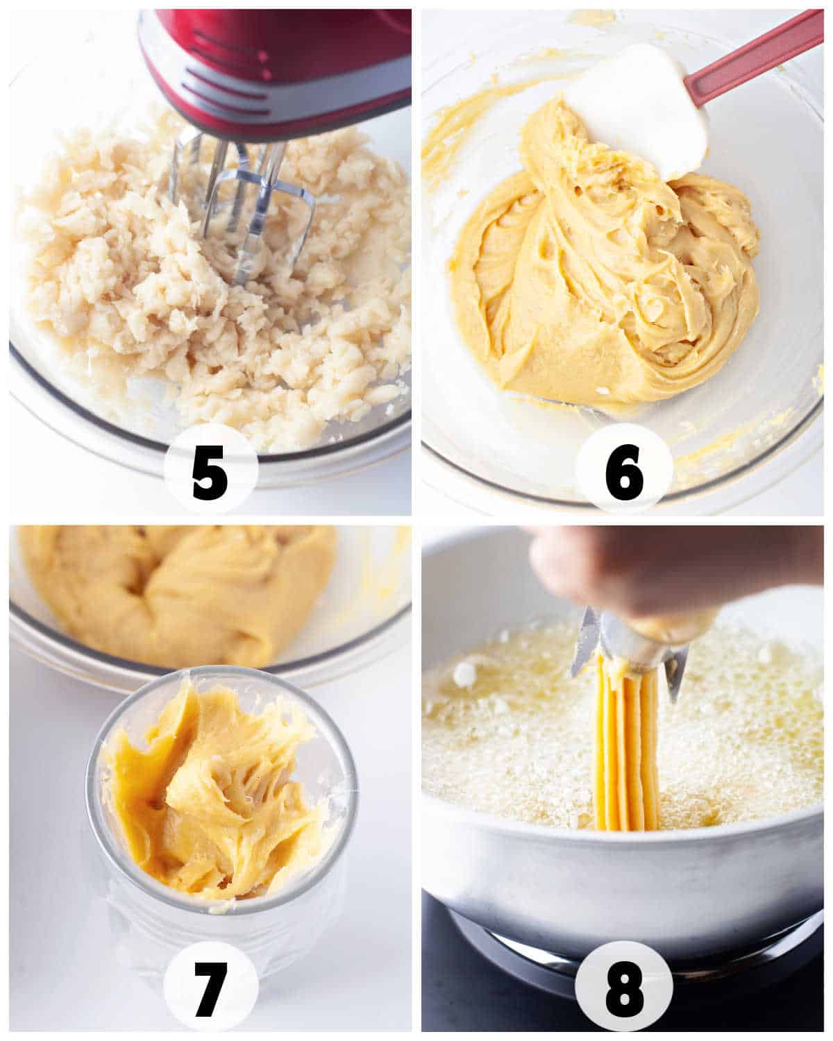 Follow this step-by-step churros recipe: mix dough with a hand mixer, fold it gently, transfer to a piping bag, and pipe the churros into hot oil for delicious results.