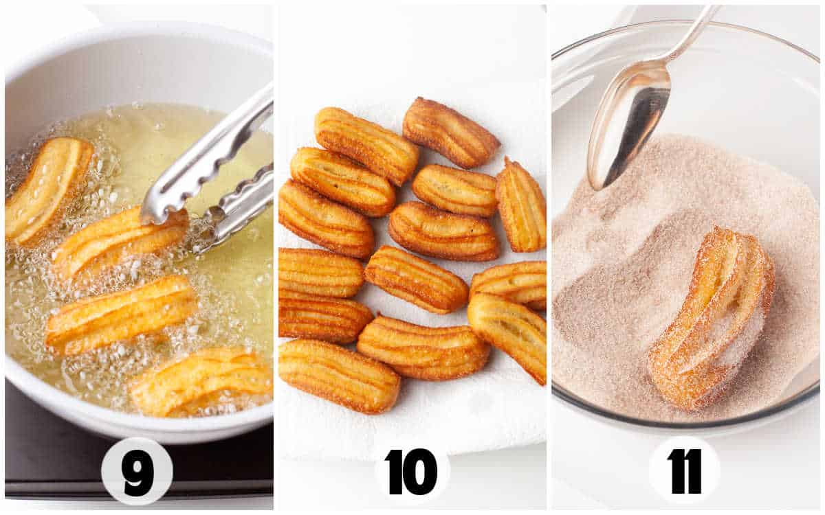 Three photos show churros being fried in oil with tongs (9), drained on paper towels (10), and coated in cinnamon sugar with a spoon (11), capturing each delicious step of making classic churros.
