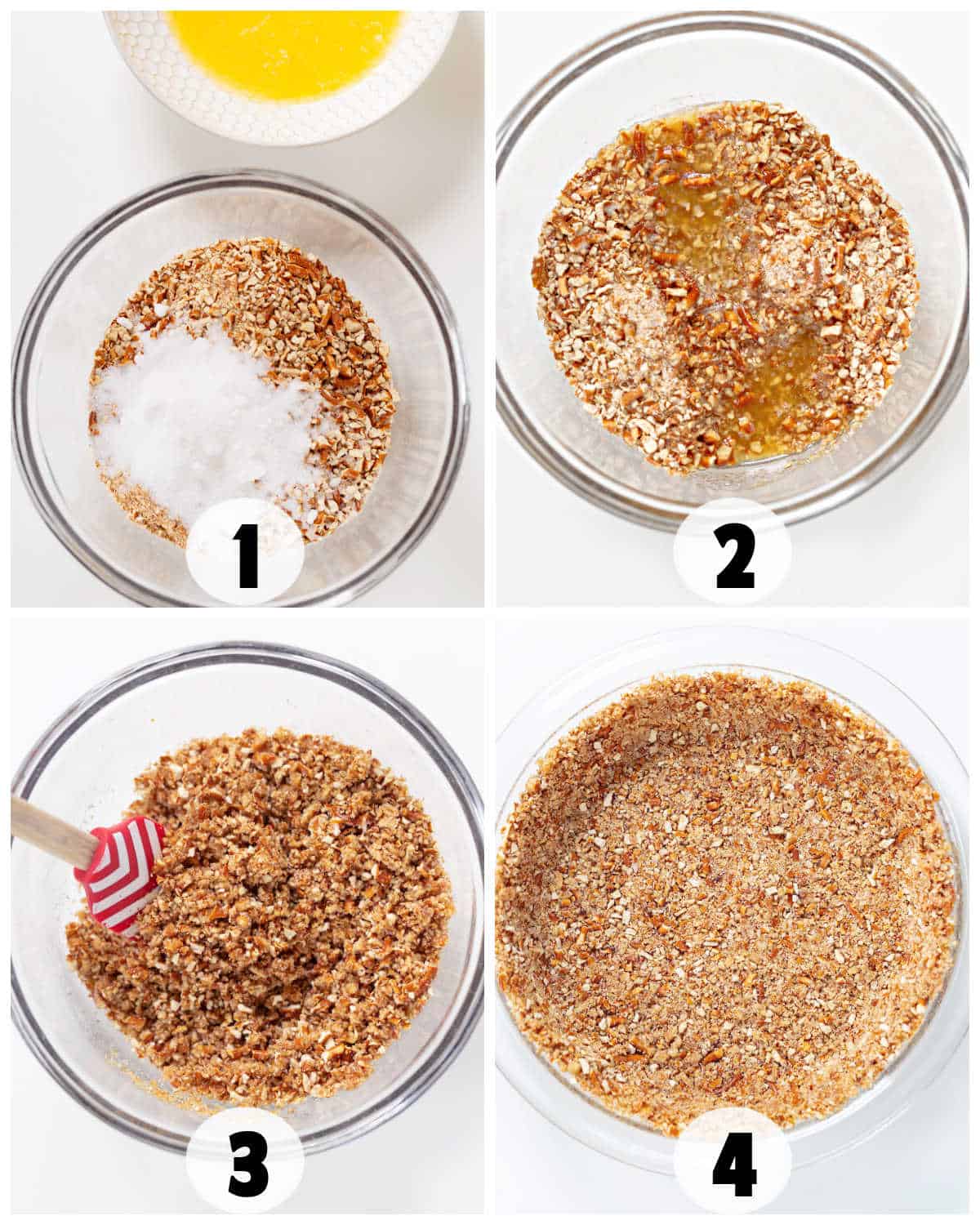 Step-by-step images guide you through making a crust for a delightful strawberry cream pie. Step 1: Dry ingredients in a bowl. Step 2: Butter added. Step 3: Mixing with a spatula. Step 4: Pressed mixture in a pie dish, ready to be filled with creamy strawberry goodness.