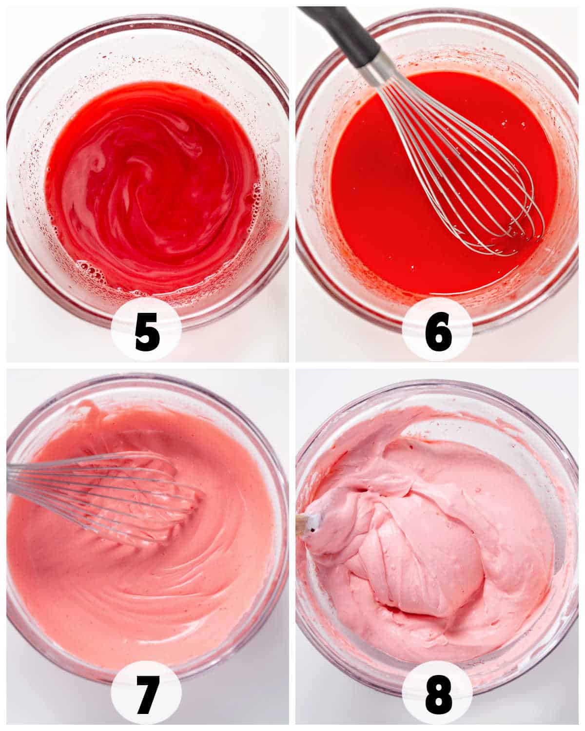 Four bowls with different pink mixtures reminiscent of strawberry cream pie delightfully catch the eye. A whisk lies nearby, ready for action. Each bowl, numbered 5 to 8, displays progressively thicker textures that promise a sweet culinary adventure.