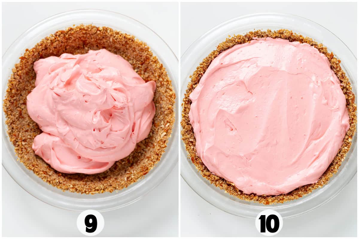 Side-by-side images showcasing the preparation of a Strawberry Cream Pie: Left image features the luscious pink filling mounded in the crumb crust, while the right image displays it evenly spread to perfection in the crust.