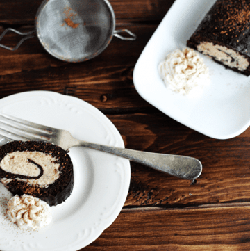 A slice of chocolate cake with Cookie Dough Buttercream on a plate with a fork.