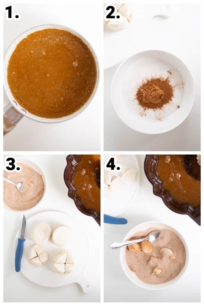 Collage showing step by step photos on how to make easy monkey bread on a white surface