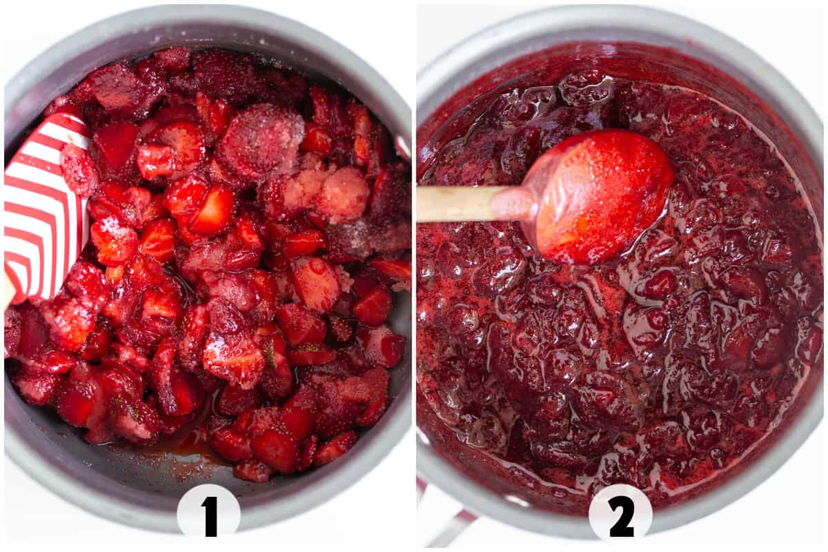 Side-by-side images show the process of making Strawberry Jam: on the left, chopped strawberries with sugar in a pot; on the right, the mixture reduced to a thick, jam-like consistency.