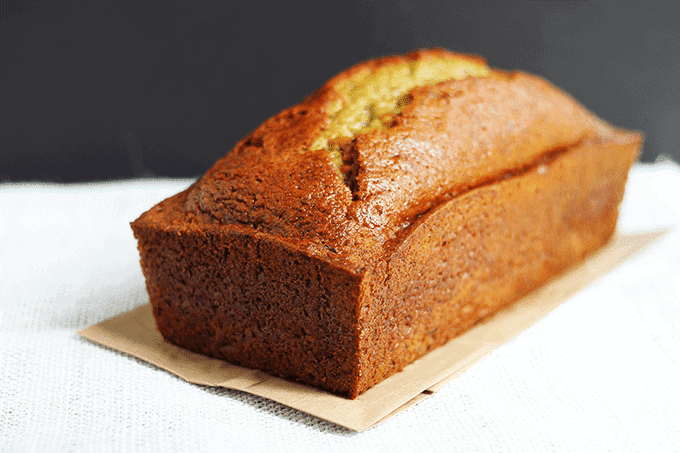 Zucchini bread sitting on a piece of paper.