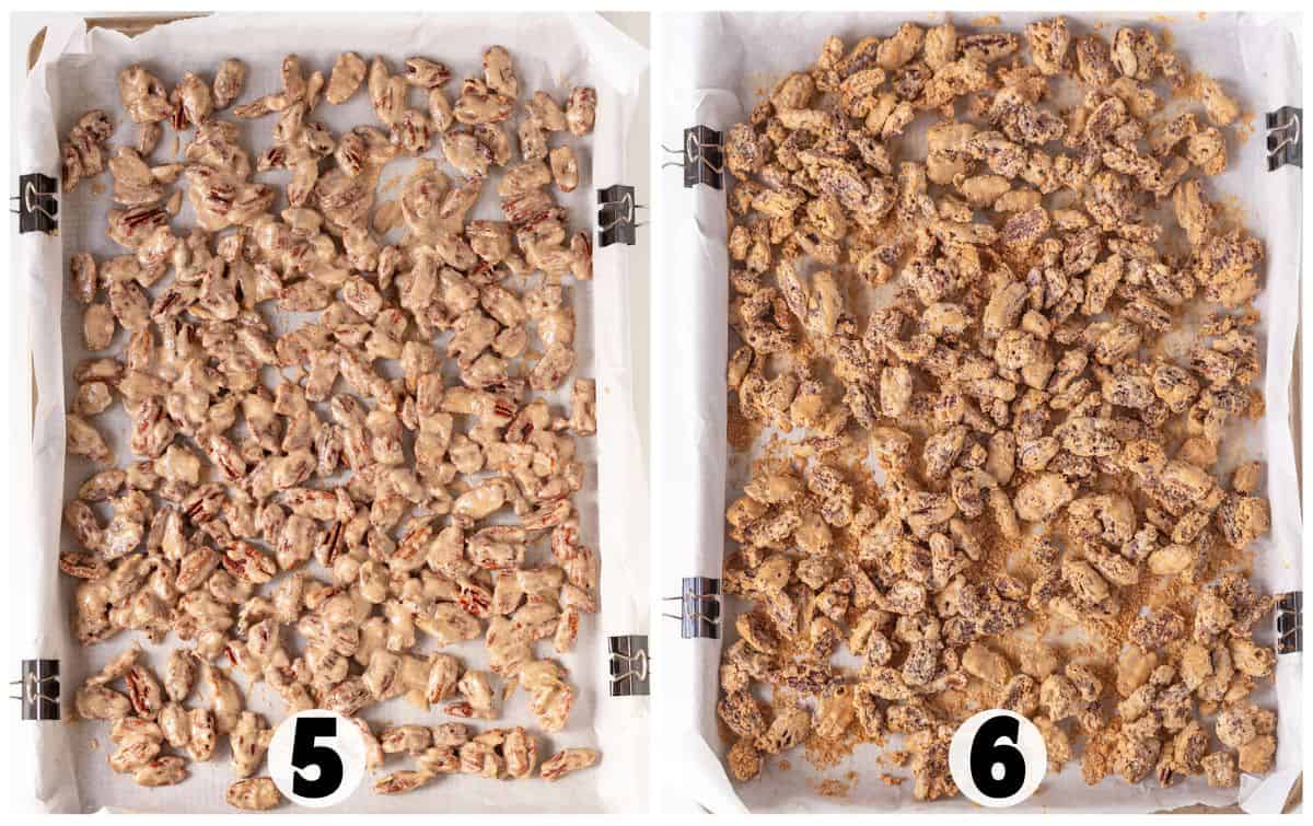 Two baking trays lined with parchment paper, each containing candied pecans. The left tray is labeled "5," and the right tray is labeled "6," showing a further stage of baking.