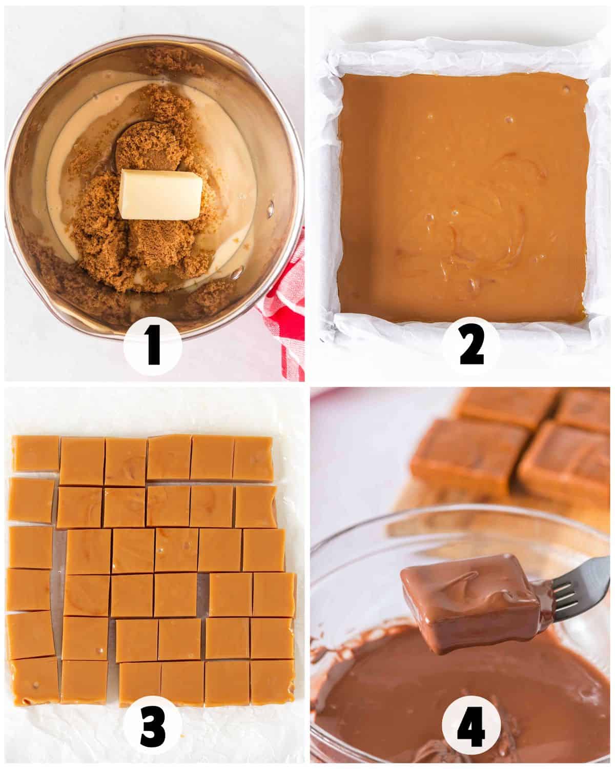 Step-by-step process of making Soft & Chewy Caramels: melt ingredients in a pot, pour into a pan, cut into squares, and dip each piece into chocolate.
