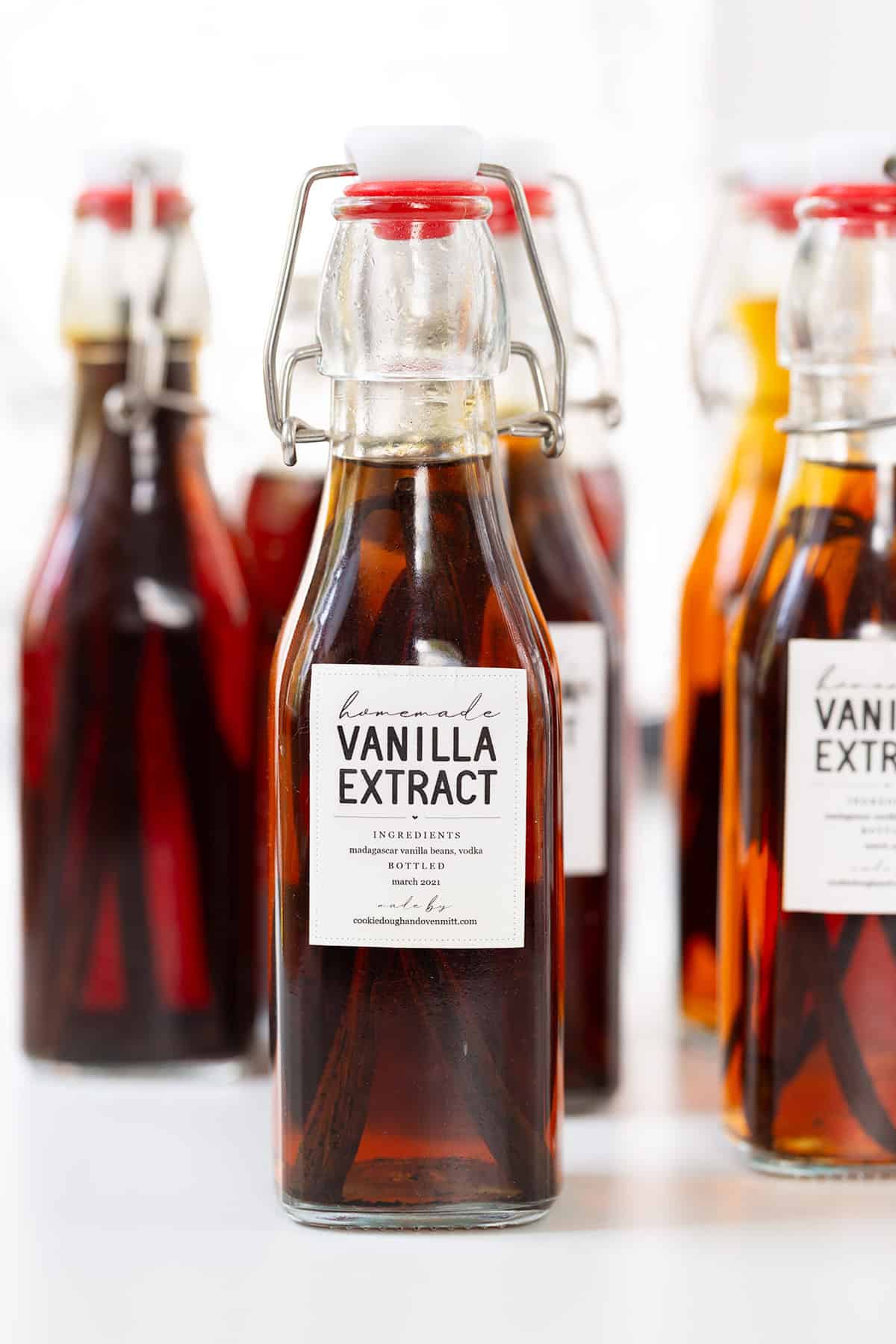 Several glass bottles filled with homemade vanilla extract, each labeled and sealed with a swing-top cap, are arranged on a white surface&mdash;perfect for showcasing the rich color of your homemade vanilla extract.