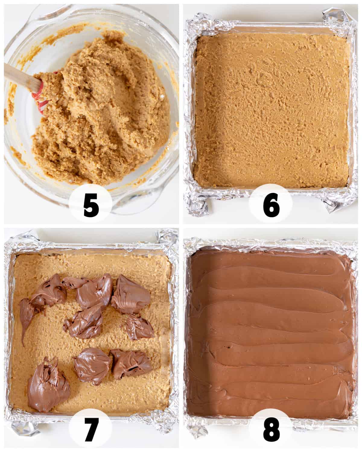 Step-by-step image recipe for Peanut Butter Bars: mixing dough in a bowl (step 5), spreading dough in a foil-lined pan (step 6), adding chocolate on top (step 7), and spreading melted chocolate evenly (step 8).