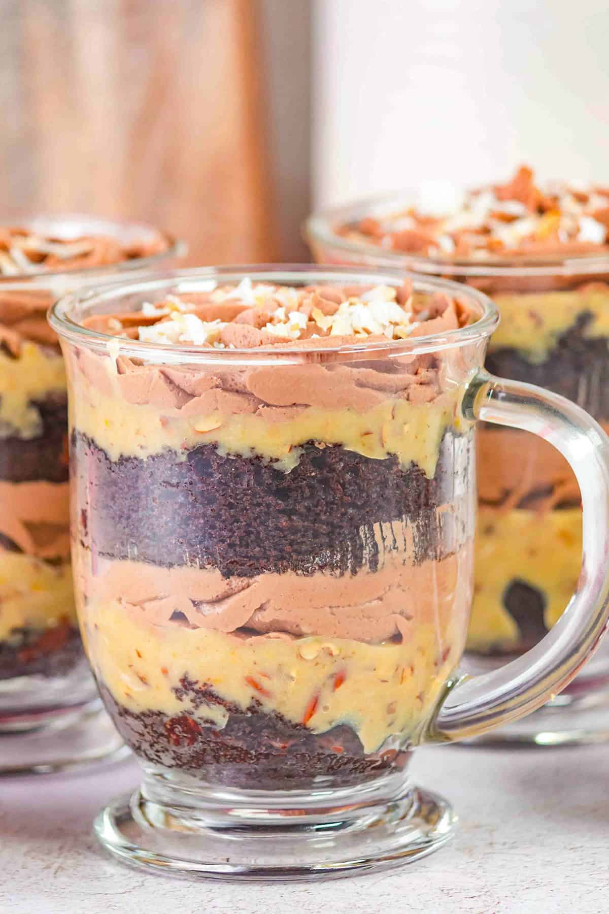 Glass mug filled with layers of German Chocolate Trifle, featuring rich chocolate cake, creamy yellow pudding, and velvety chocolate mousse, all topped with crunchy nuts.
