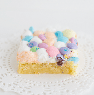 Easter Cake Mix Bar on a white doily on a white surface