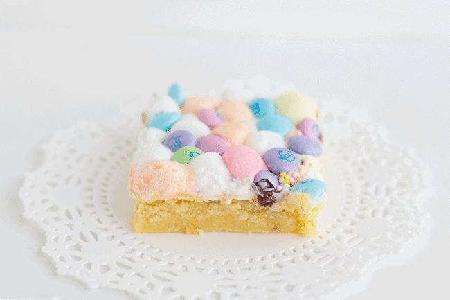 Easter Cake Mix Bar on a white doily on a white surface