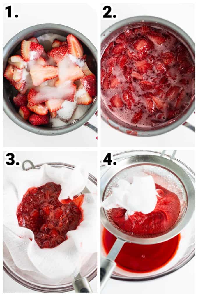step-by-step photos of ingredients being added to a small saucepan, cooking down the strawberries, and draining the strawberries with a strainer and a glass bowl all done on a white surface