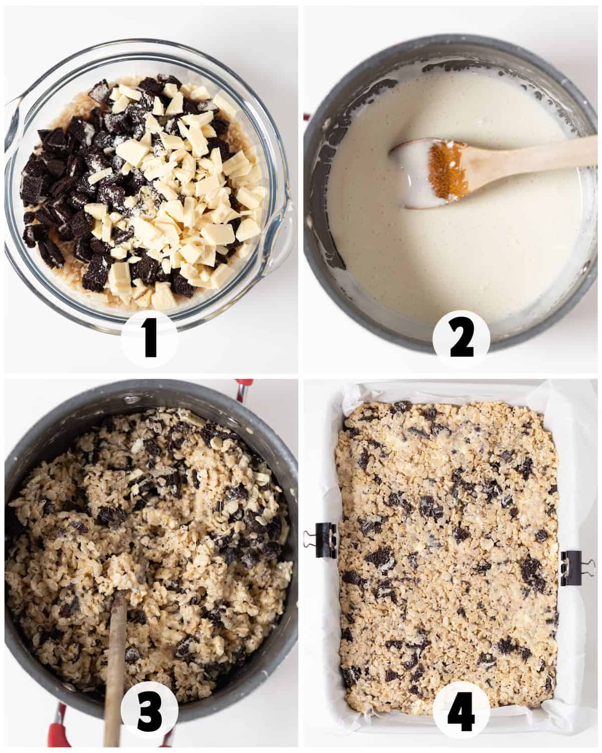 Four steps to make Cookies & Cream Rice Crispy Treats: mix cookie pieces and chocolate, stir a wet mixture, combine with cereal, then press everything into a parchment-lined pan.