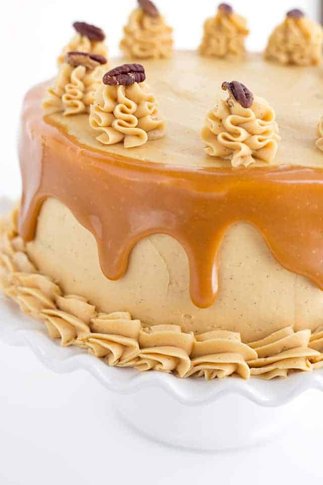 Close up of the carrot cake with caramel buttercream
