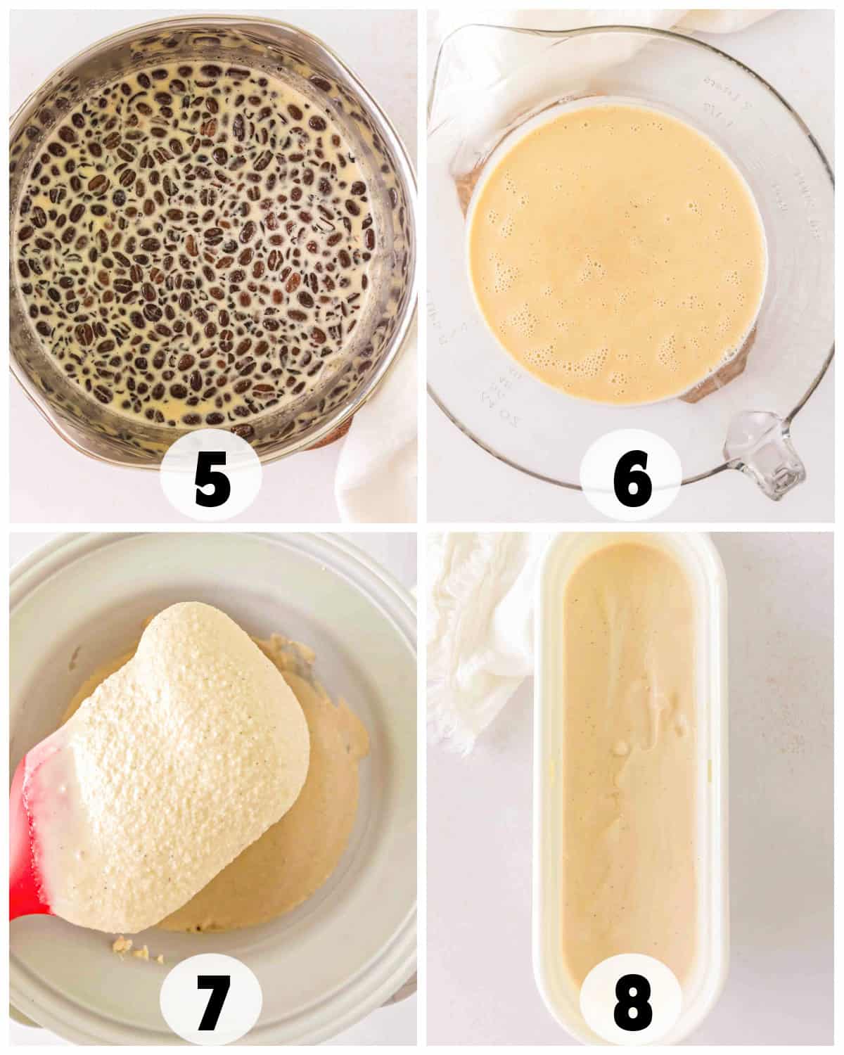 Step-by-step process of making an ice cream base. Step 5: Soak black sesame seeds. Step 6: Blend soaked seeds with milk. Step 7: Combine with coffee ice cream base. Step 8: Pour into container and chill.