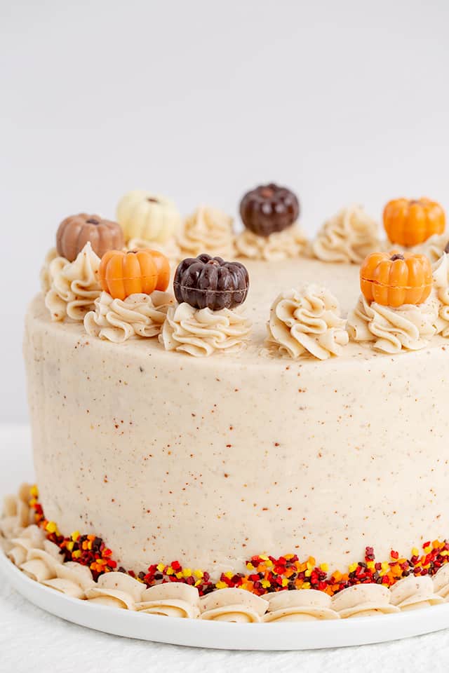 showing left side of pumpkin spice cake with shell border, sprinkles, and white serving plate