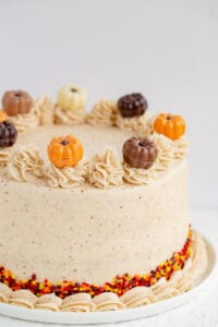 A Pumpkin Spice Cake decorated with icing.