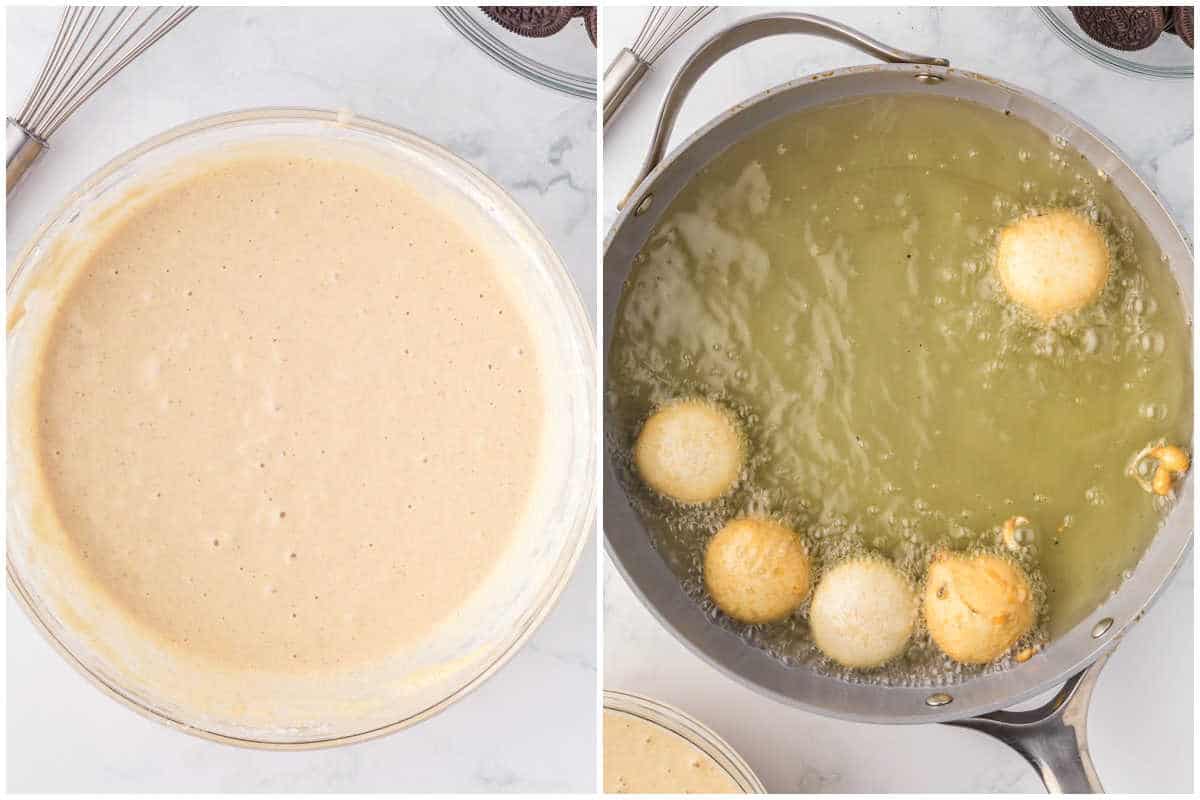Left: A bowl of pale batter. Right: Deep fried Oreos and dough balls sizzling in hot oil in a skillet.