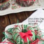 Chocolate Chip Cookie Dough Wreaths with red and green ribbons.