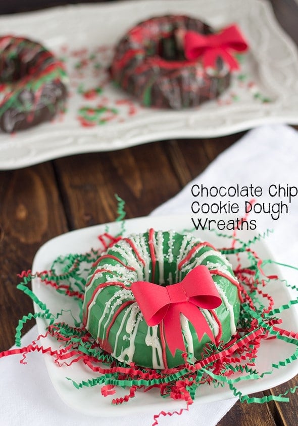 Chocolate Chip Cookie Dough Wreaths with red and green ribbons.