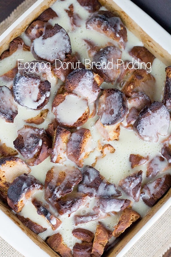 Eggnog donut bread pudding in a white dish.