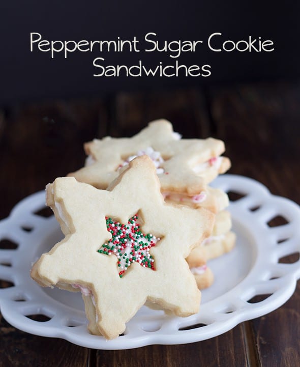 Peppermint sugar cookie sandwiches on a plate.
