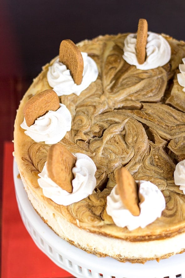 Overhead photo of cheesecake showing the swirls of cookie butter