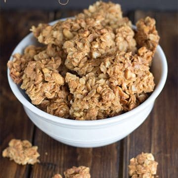 Peanut butter granola on wooden table.