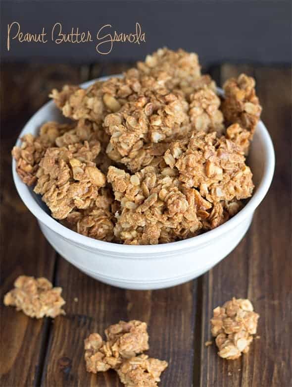 Peanut butter granola on wooden table.