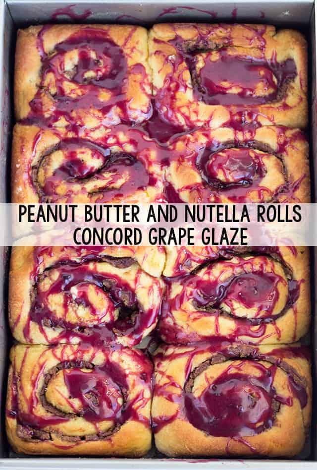 Delicious rolls filled with peanut butter and Nutella, topped with a sweet concord grape glaze.