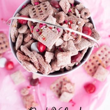 Bowl of Red Velvet Puppy Chow.