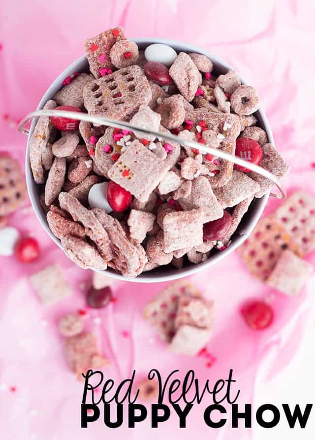 Bowl of Red Velvet Puppy Chow.