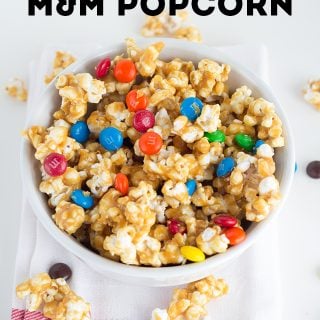 Bowl of Salted Caramel M&M Popcorn.