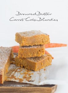 A stack of carrot cake slices topped with browned butter.