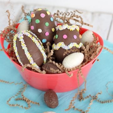 Chocolate Easter Eggs in a red bowl.