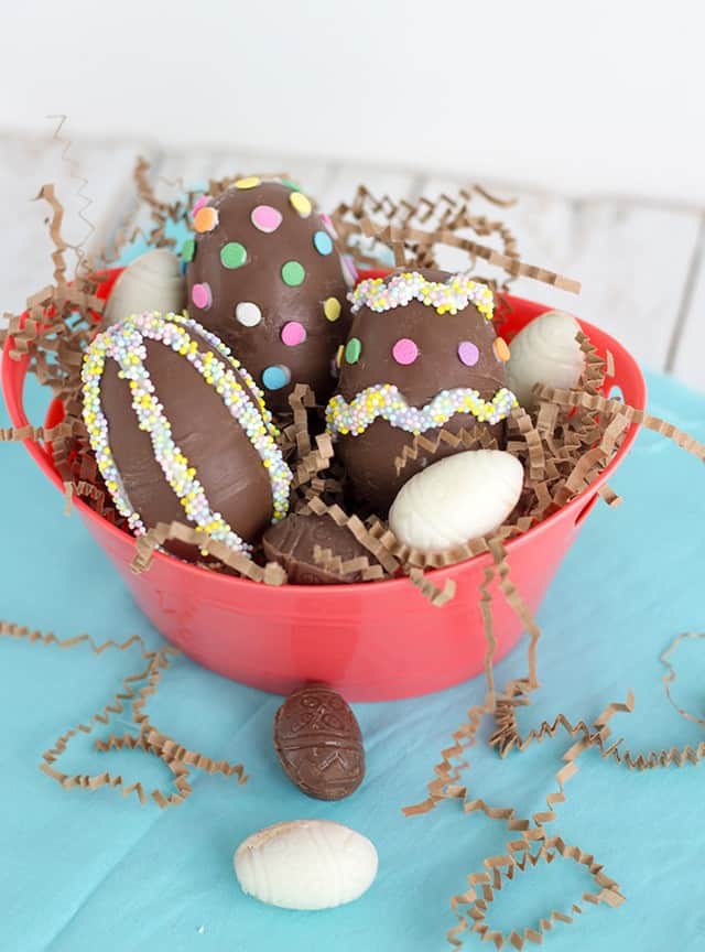 Chocolate Easter Eggs in a red bowl.