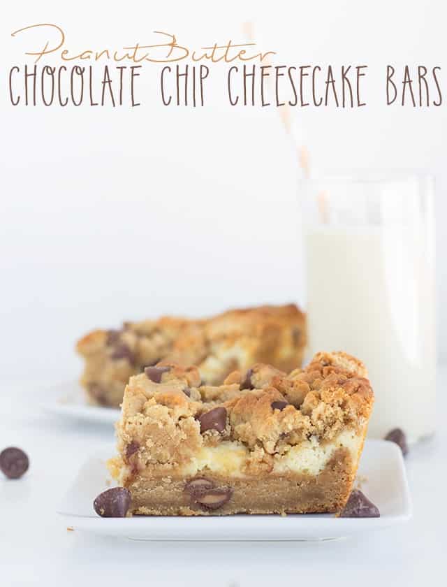 Peanut butter chocolate chip cheesecake bars on a white plate.