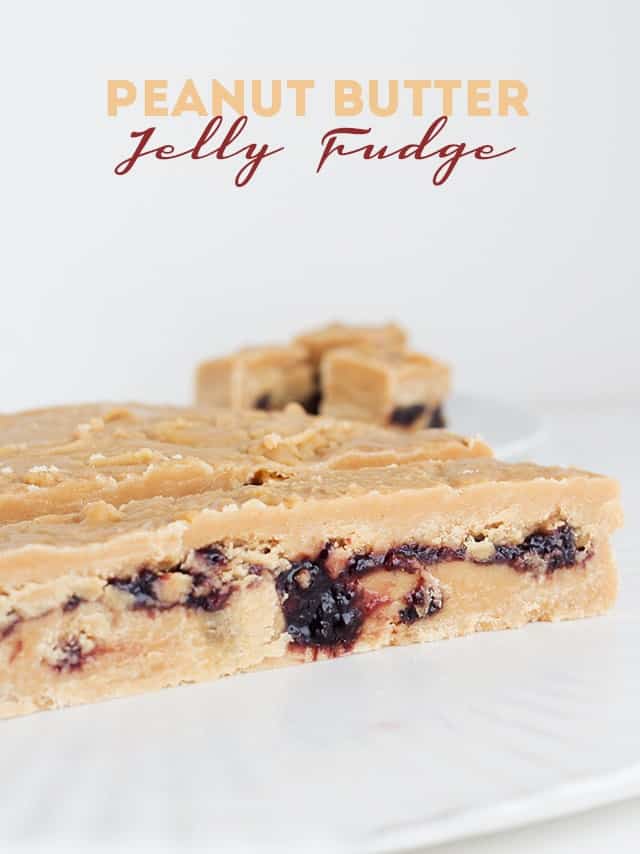 Peanut butter jelly fudge on a white plate.