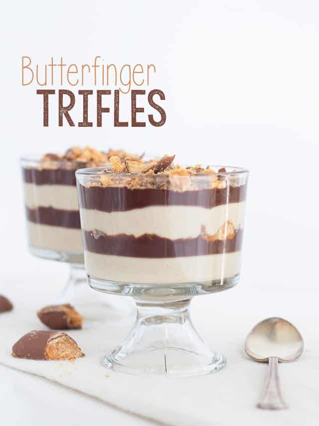 Butterfinger trifles in a white bowl.