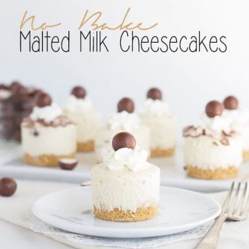 No bake malted milk cheesecakes on a white plate.