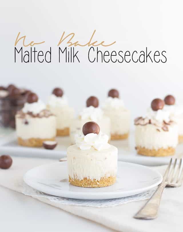 No bake malted milk cheesecakes on a white plate.